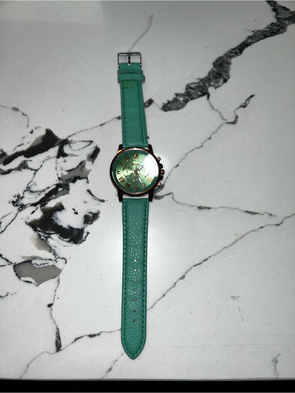 Aqua Green Leather Strap Watch with Rose Gold Case